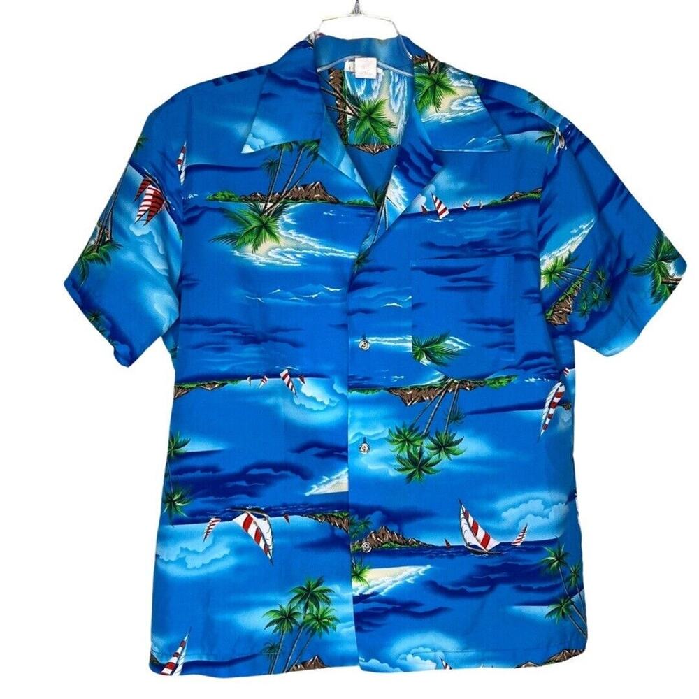 Royal Hawaiian Shirt Mens Large Blue Printed Button Up Surf Camp‎ Shirt Vintage
